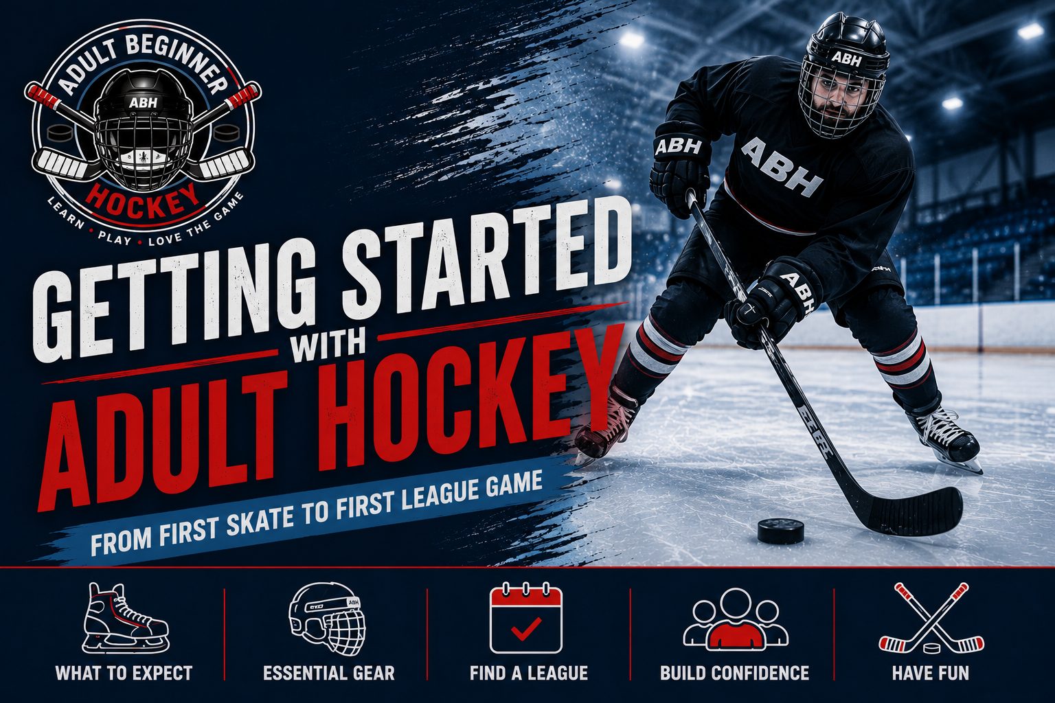 Getting Started with Adult Hockey - From First Skate to First League Game, showing a player skating with the puck