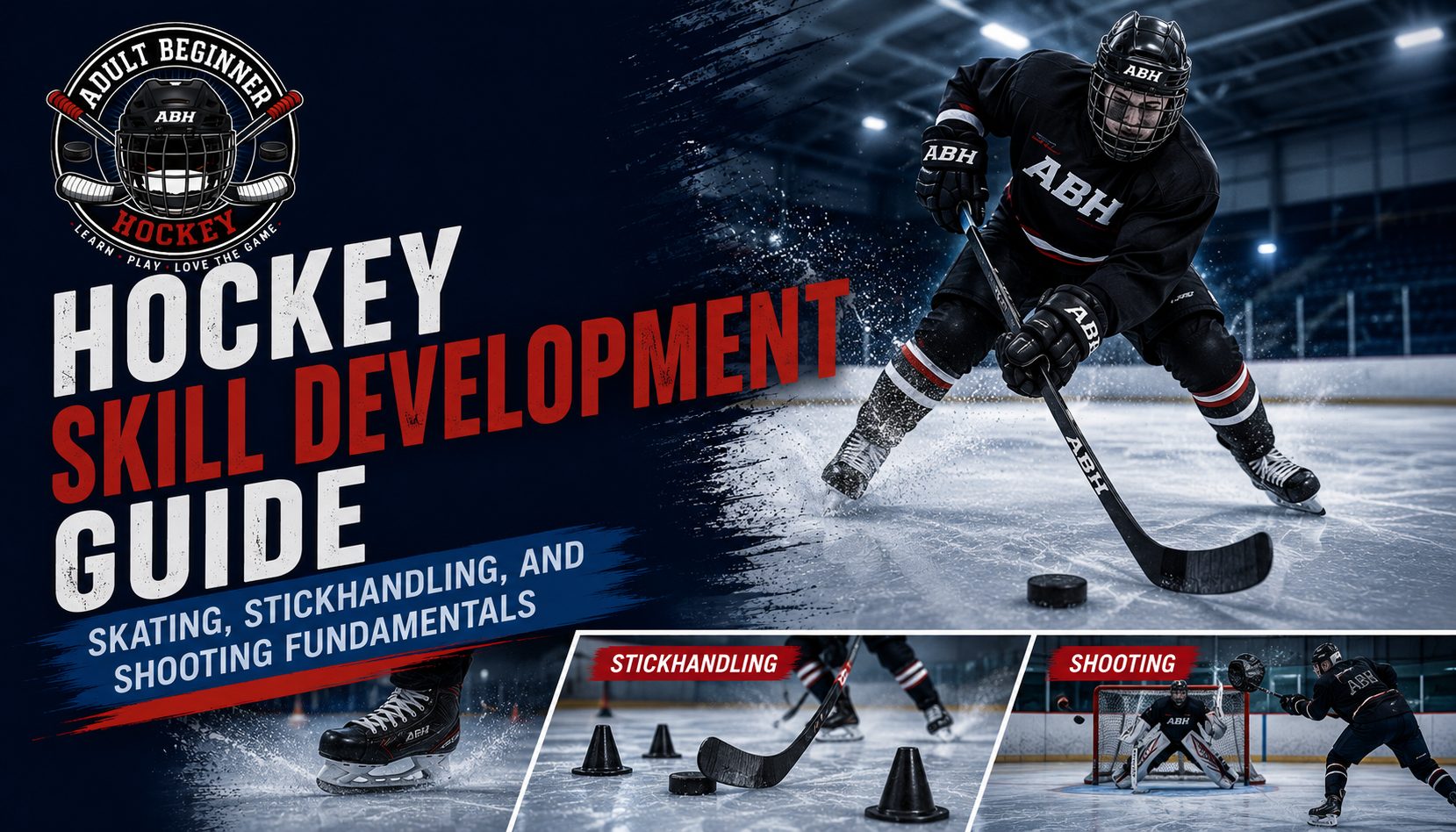 Hockey Skill Development Guide - Skating, Stickhandling, and Shooting Fundamentals, showing a player carrying the puck with stickhandling and shooting insets